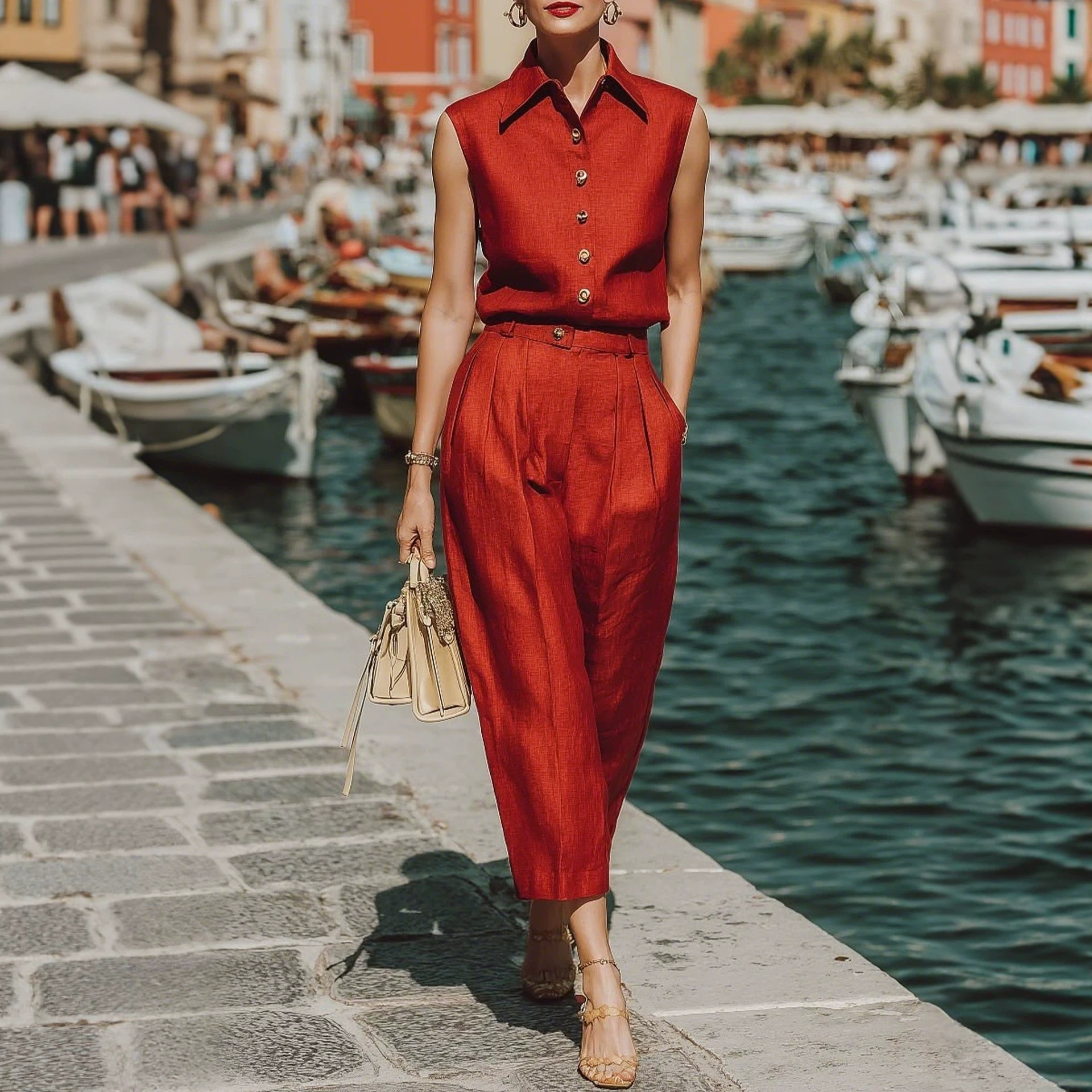 Red Collared Sleeveless Shirt and Pants Two-Piece Set