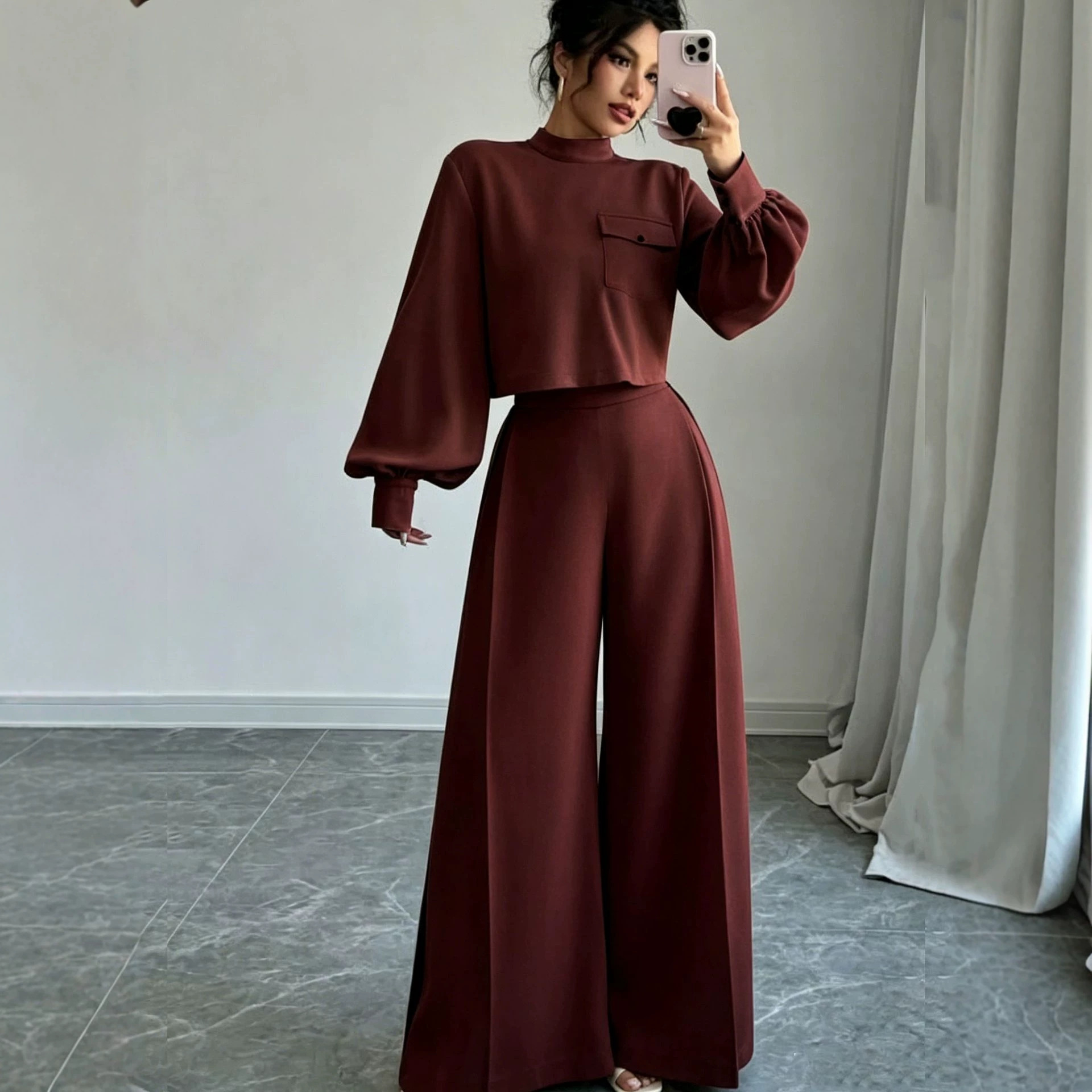 Women's Solid Wide-Leg Pants Set with Lantern-Sleeve Crop Top