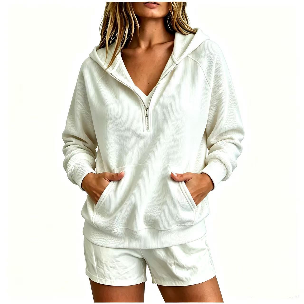 Corduroy Hooded Zip-Up Sweatshirt for Women