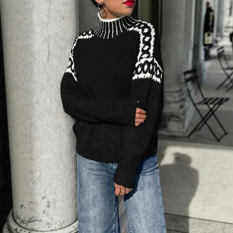 Women's Jacquard Crewneck Sweater Loose Soft Lazy Knit Top