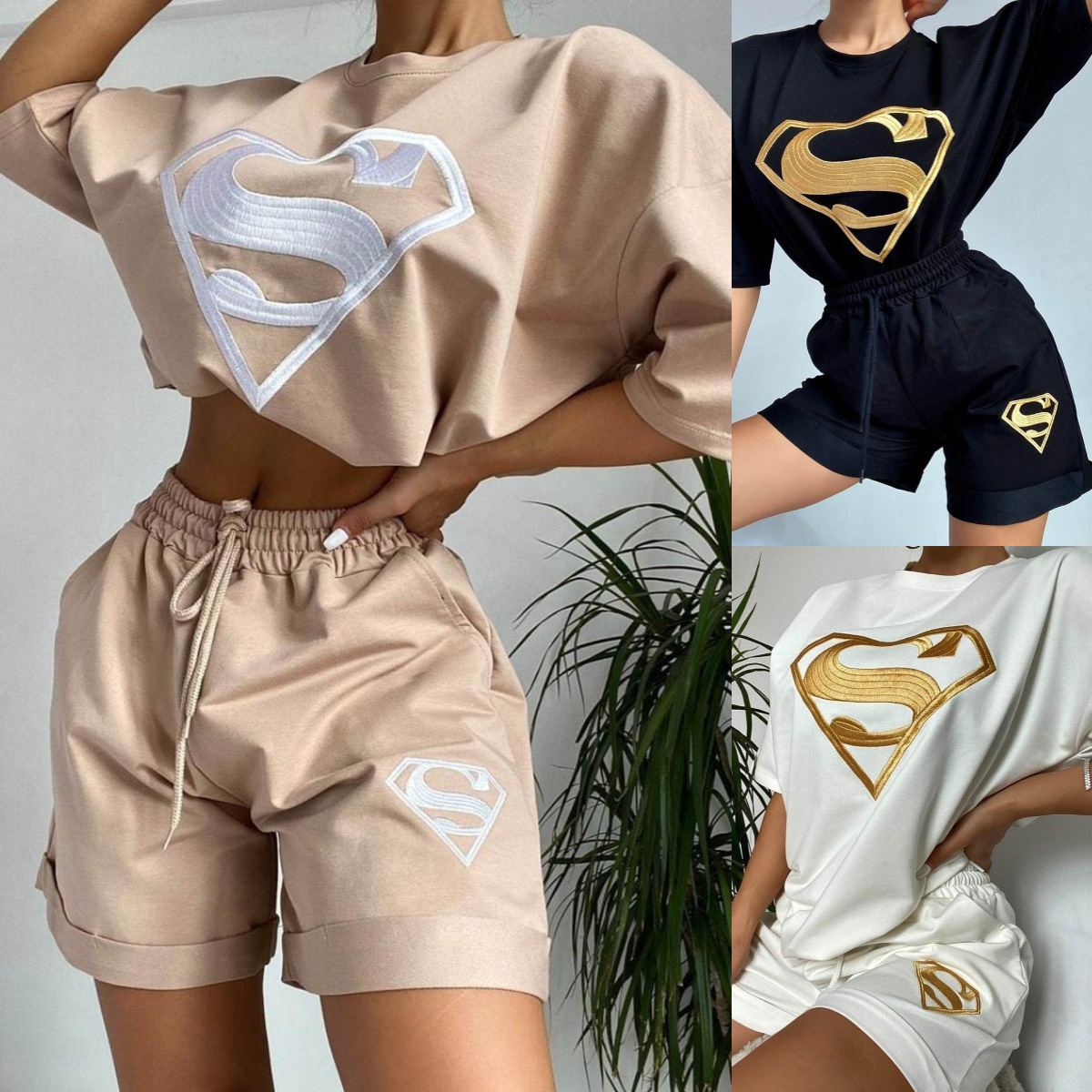 Women's Embroidered Casual Shorts and Sweatshirt Set