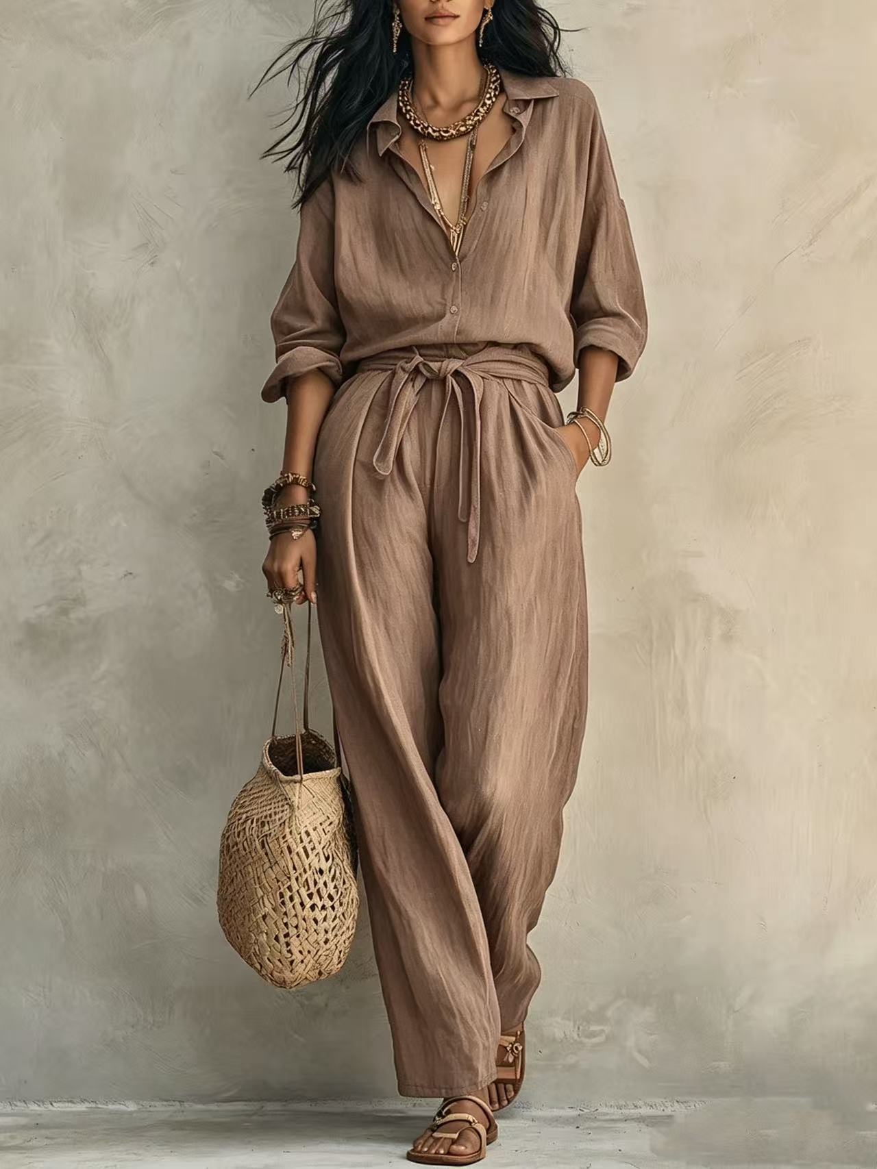 Textured Crinkle Wide-Leg Shirt and Pants Set with Tie