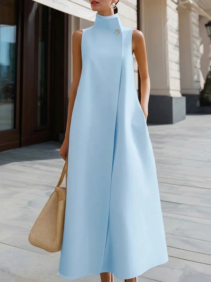 Elegant Stand Collar Sleeveless A-Line Midi Dress