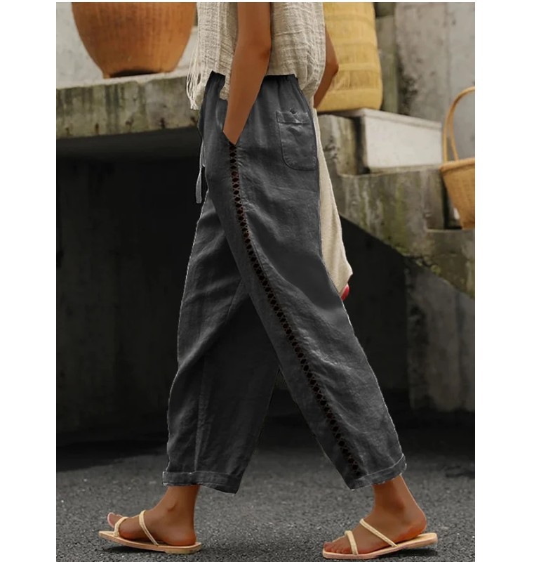 Women's Cropped Straight-Leg Pants with Hollow-Out Splicing, Casual Cotton-Linen