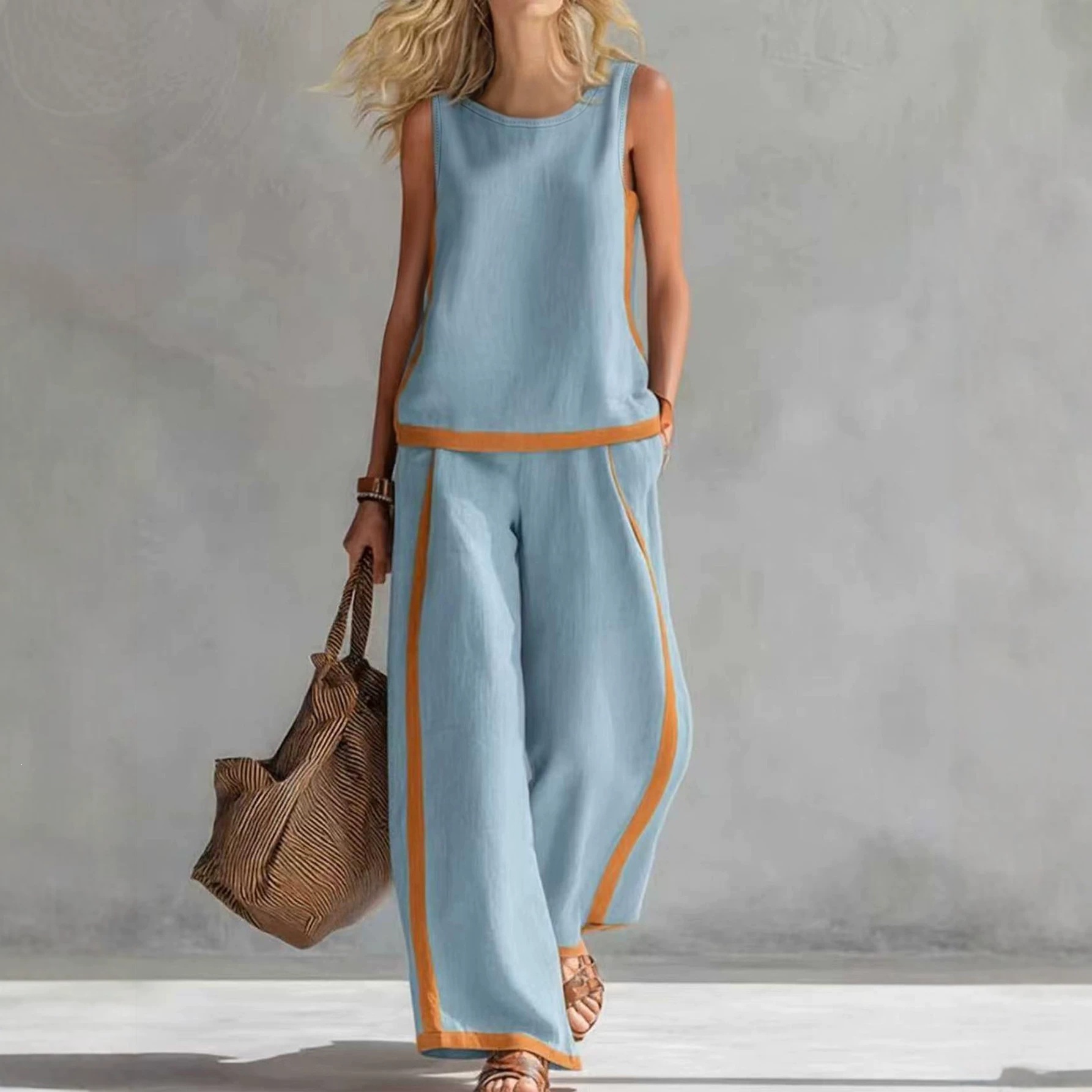 Sleeveless Colorblock Wide-Leg Pants Set Women's Summer Casual Two-Piece