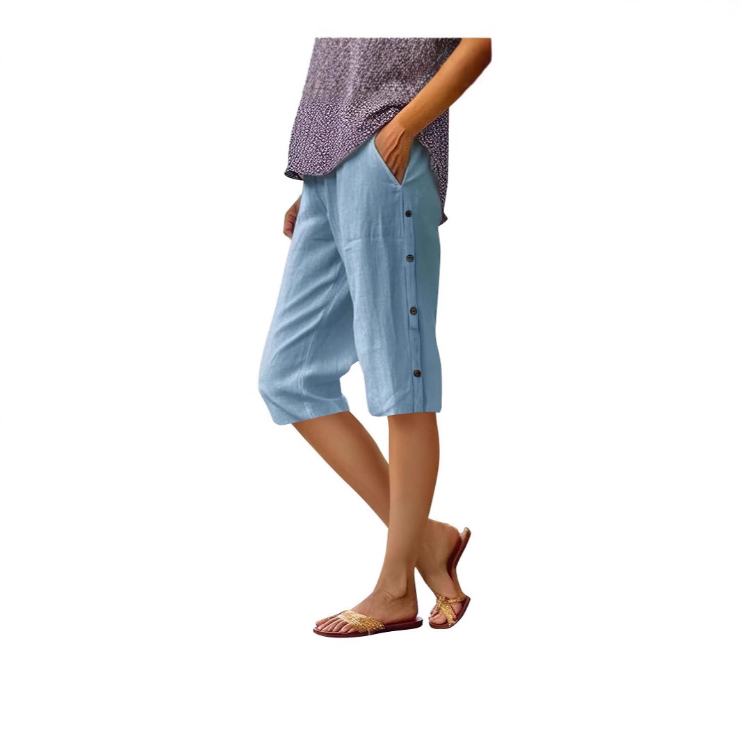 Cotton-Linen Cropped Pants with Side Button Detail and Pockets