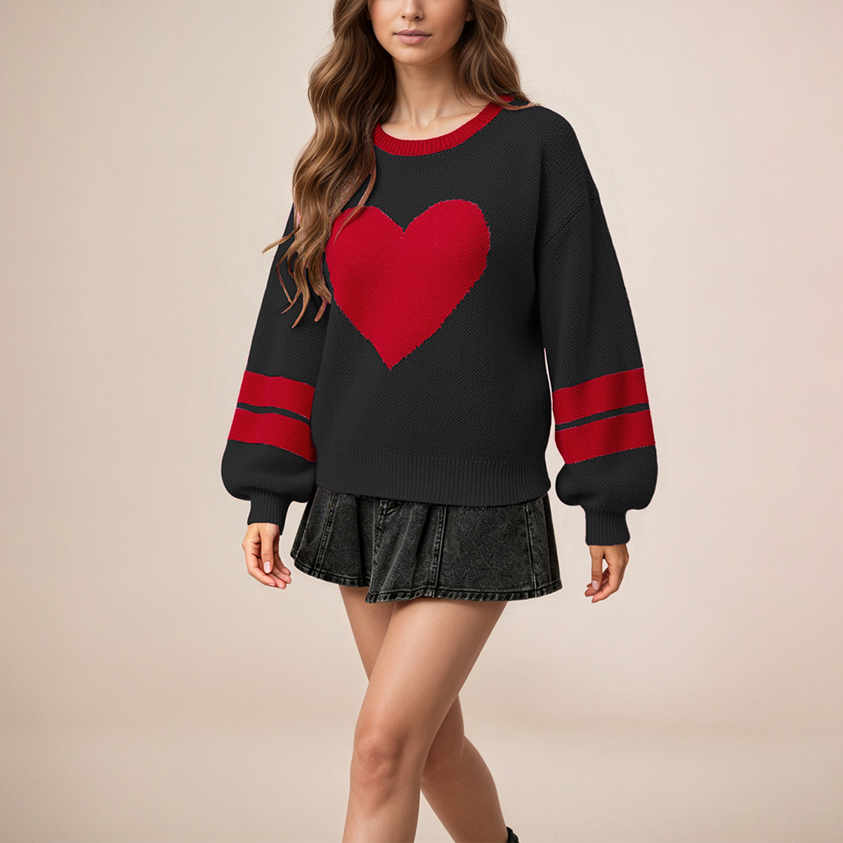 Women's Heart Pullover Sweater Crew Neck Long Sleeve Loose Fit