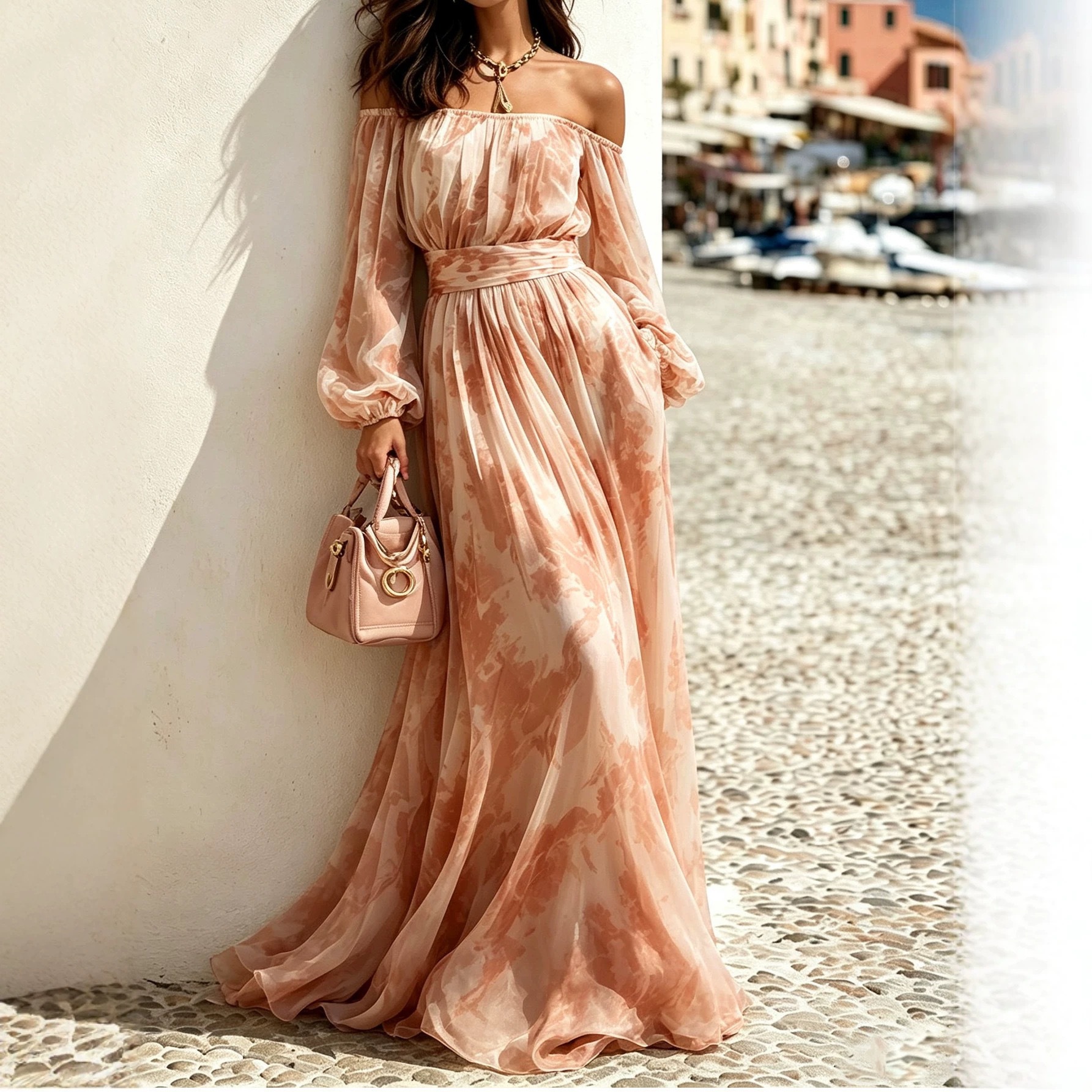Floral Chiffon Off-Shoulder Long-Sleeve Midi Dress with Waist Tie