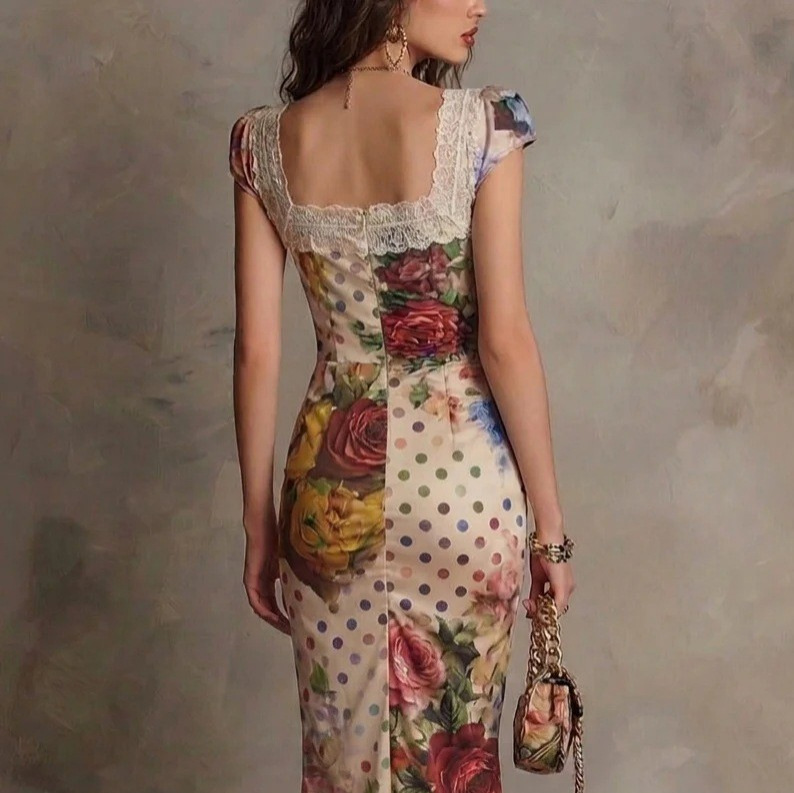 Vintage Floral Print Slim-Fit Midi Dress Square Neck High Waist