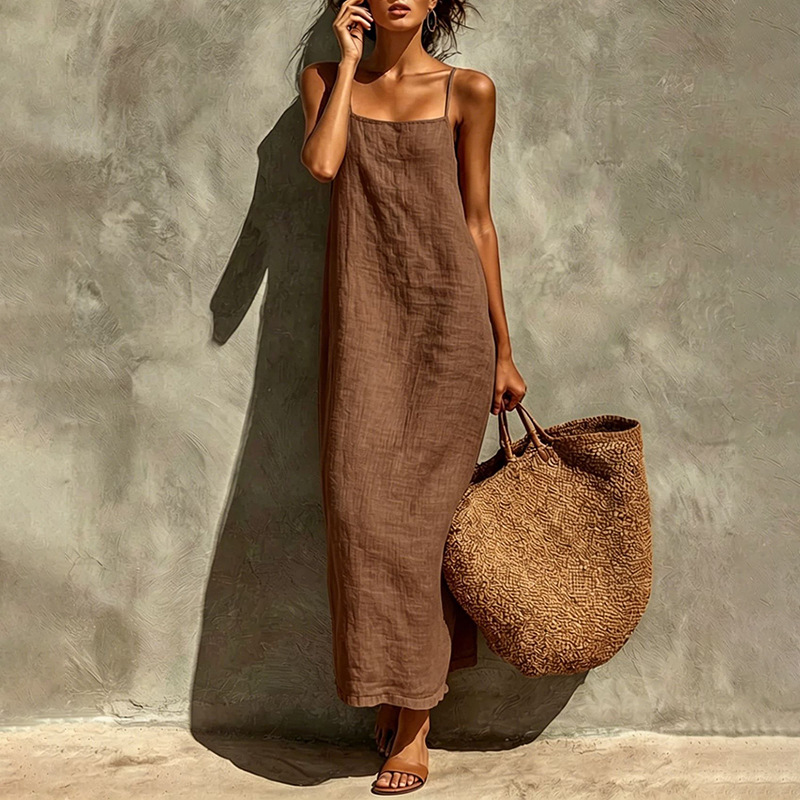 Women's Summer Sleeveless A-Line Maxi Dress Solid Color French Style