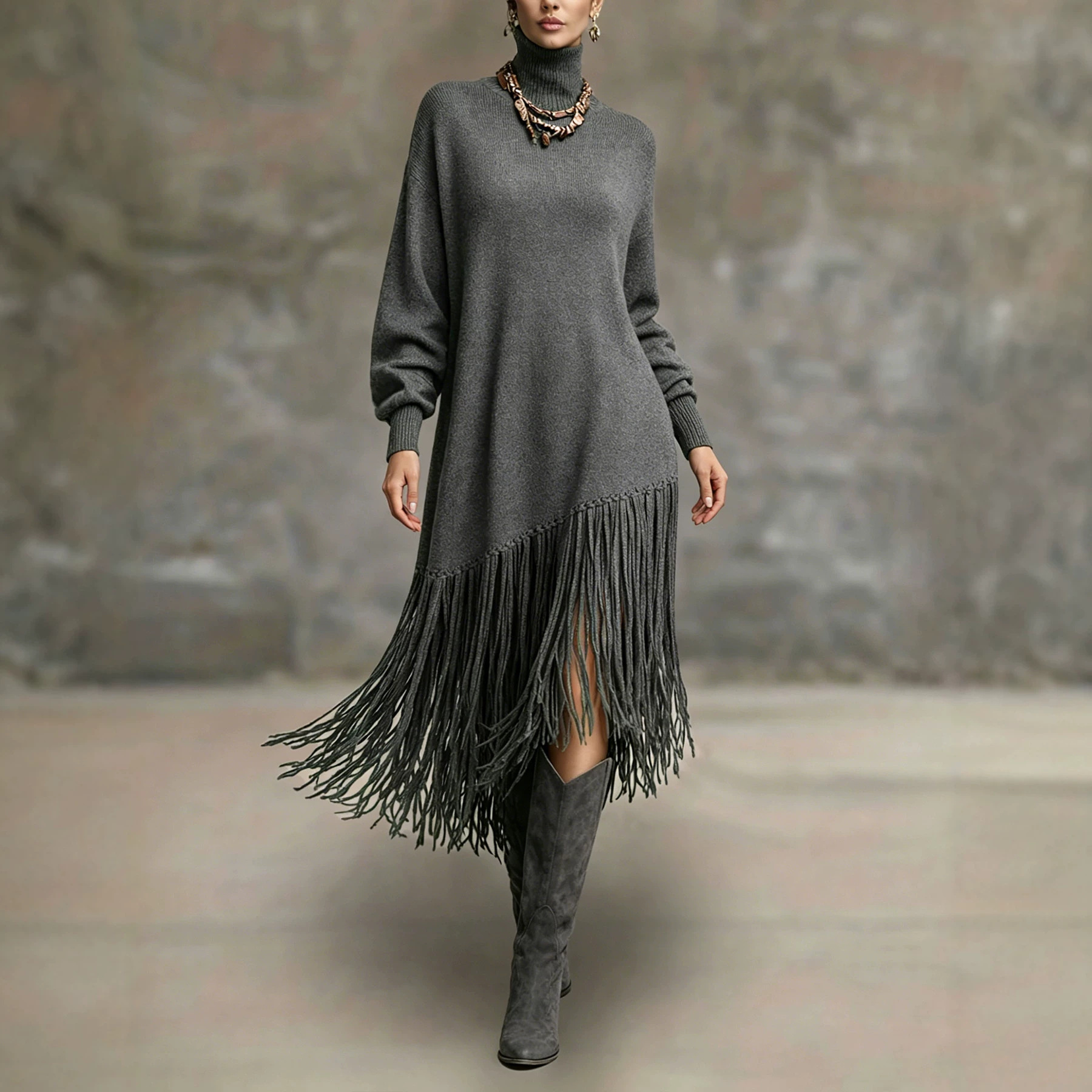 Women's Bohemian Long Fringe A-Line Midi Dress