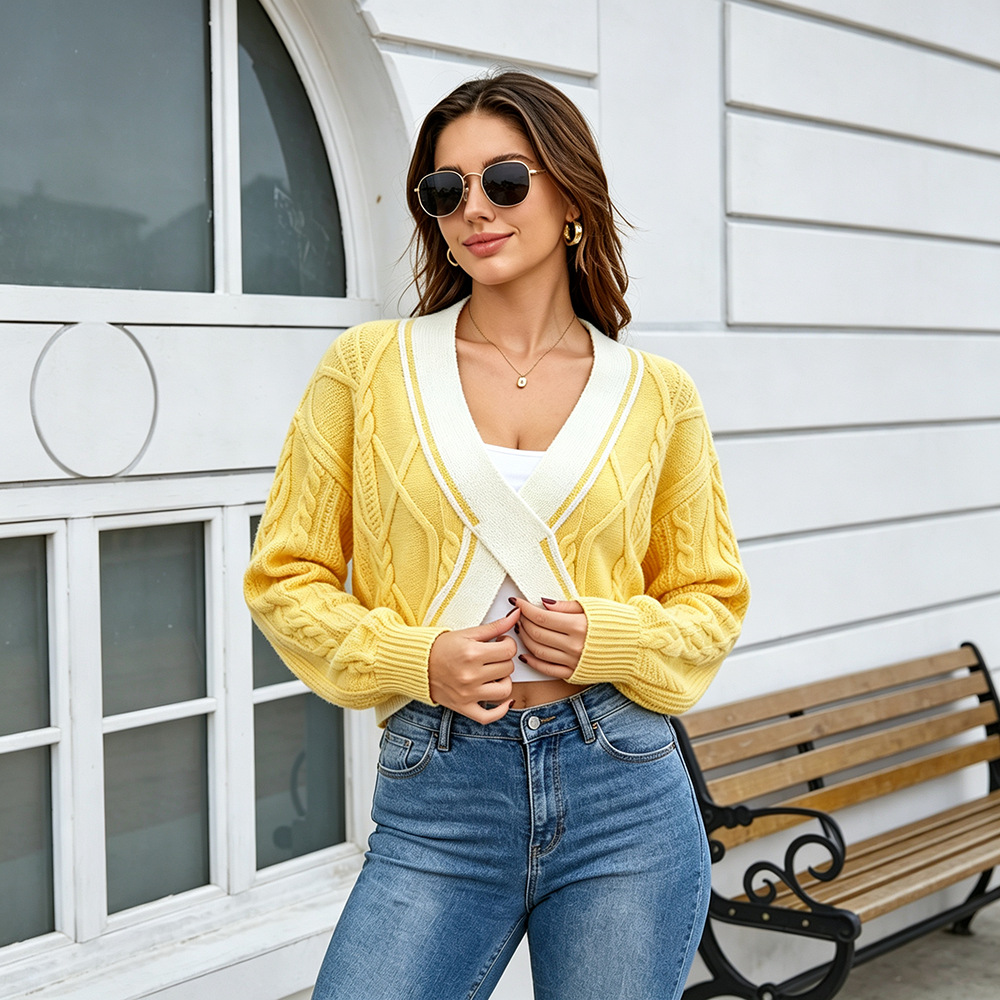 Women's Cropped Knit Sweater Colorblock V-Neck Pullover