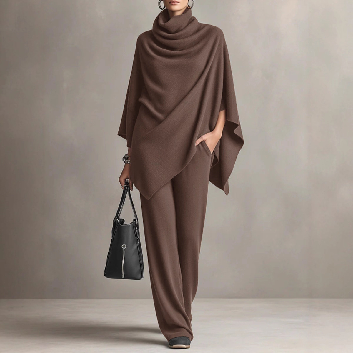 Women's German Velvet Cowl Neck Cape Top & Wide-Leg Pants Two-Piece Set