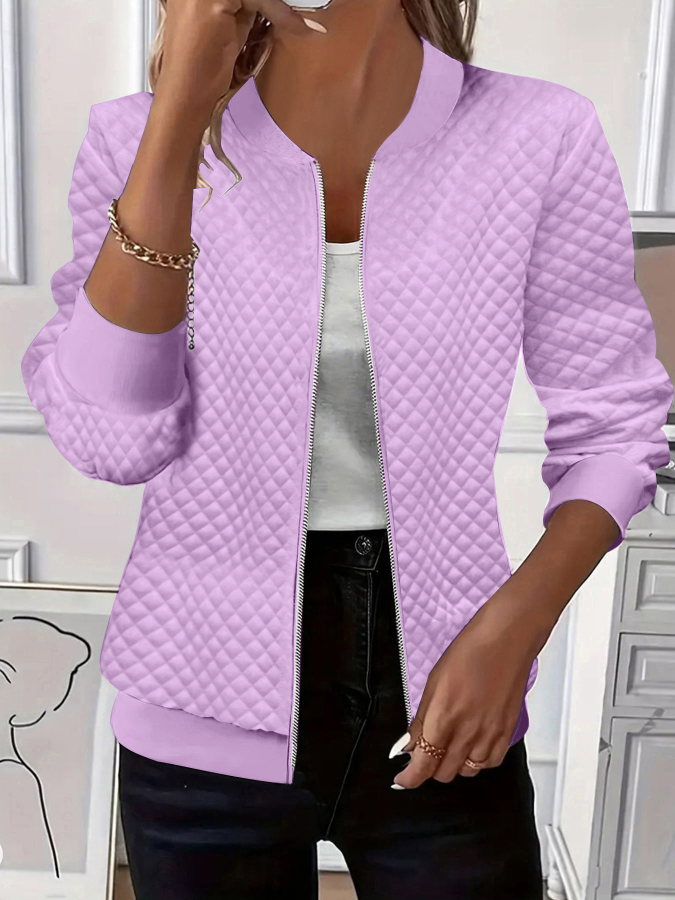 Women's Solid Color Long Sleeve Knit Zip Jacket