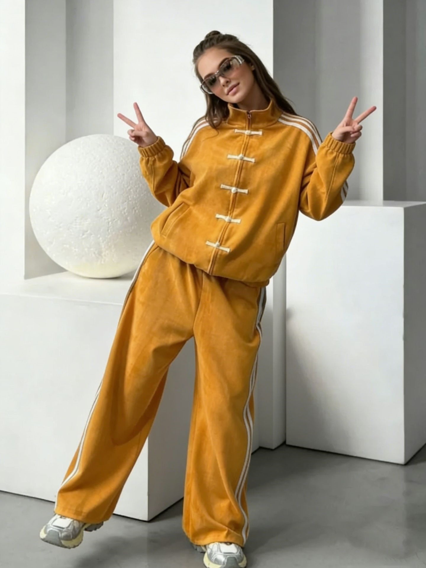 Retro Stand Collar Jacket & Wide-Leg Pants Set with Frog Buttons and Side Stripes