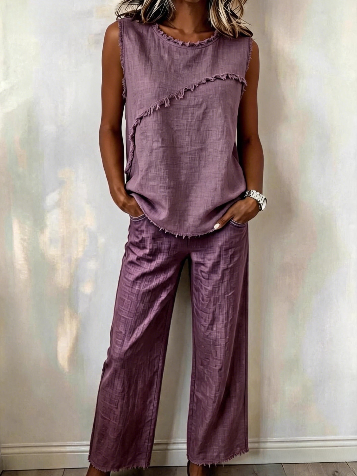 Women's Sleeveless Fringe Trim Top & Wide-Leg Pants Two-Piece Set