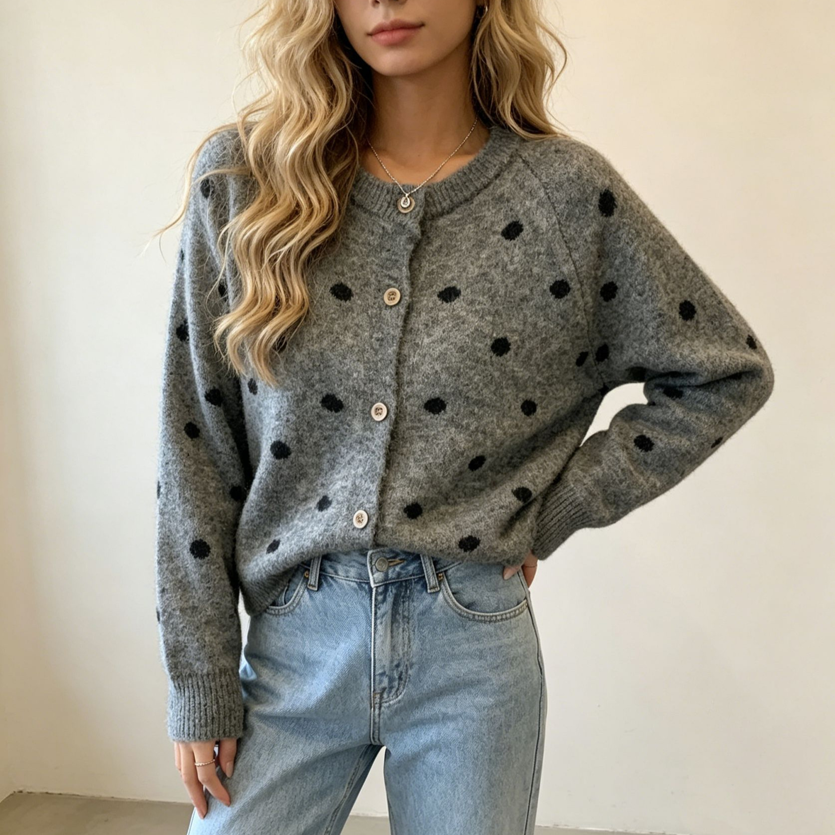 Colorblock Polka Dot Knit Cardigan Sweater