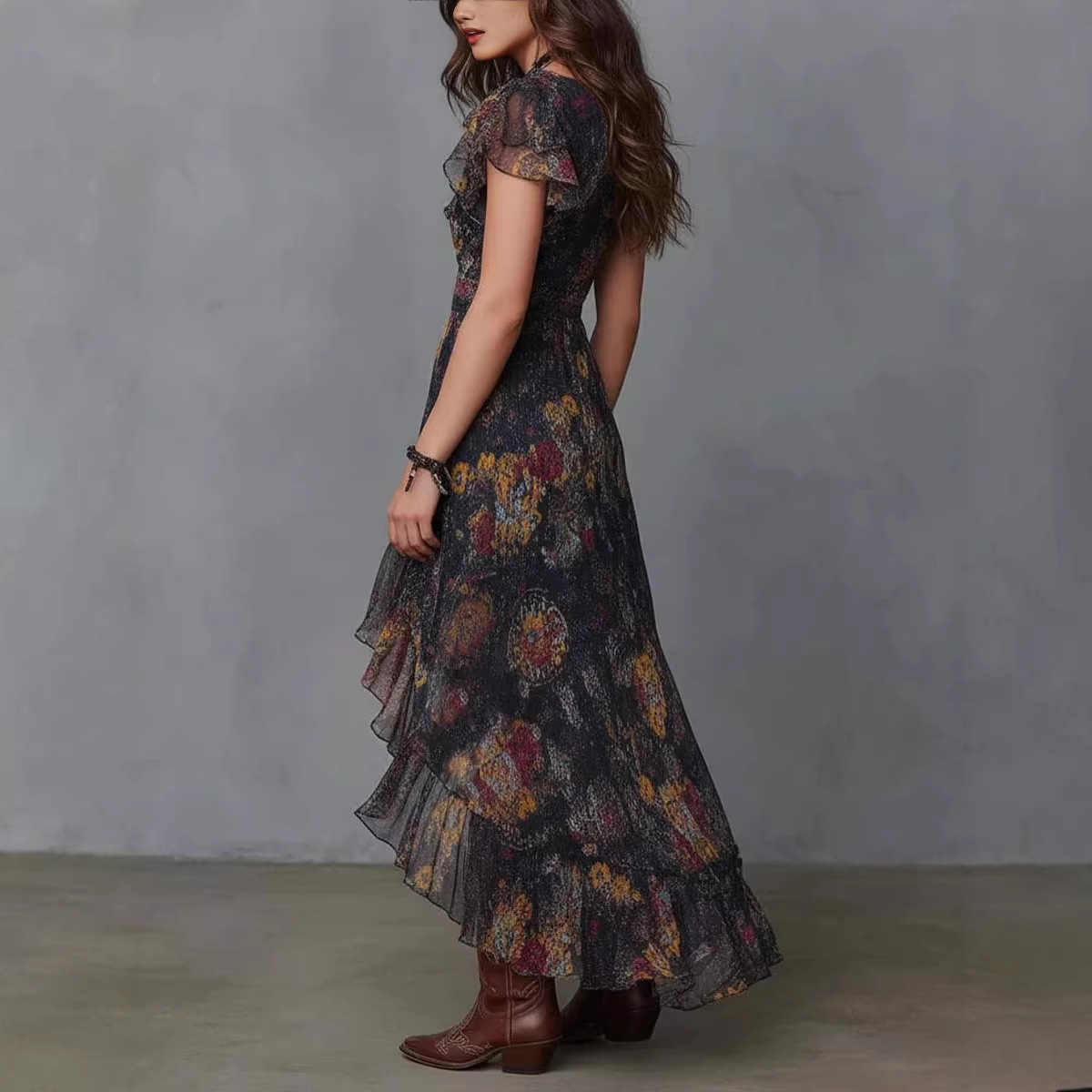 V-Neck Printed Asymmetrical Ruffle Midi Dress