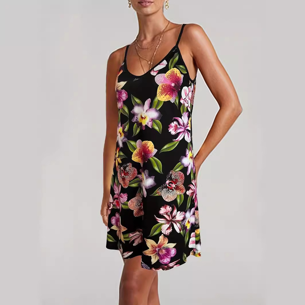 Floral Print Sleeveless Midi Dress with Round Neck