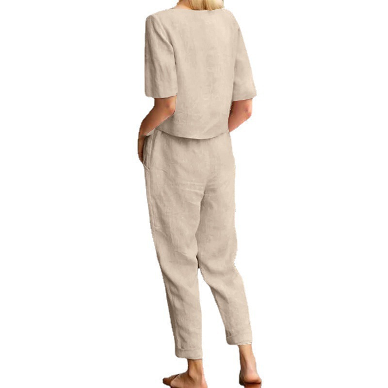 Women's Cotton Linen Half-Sleeve O-Neck Oversized Top & Wide-Leg Pants Retro Set