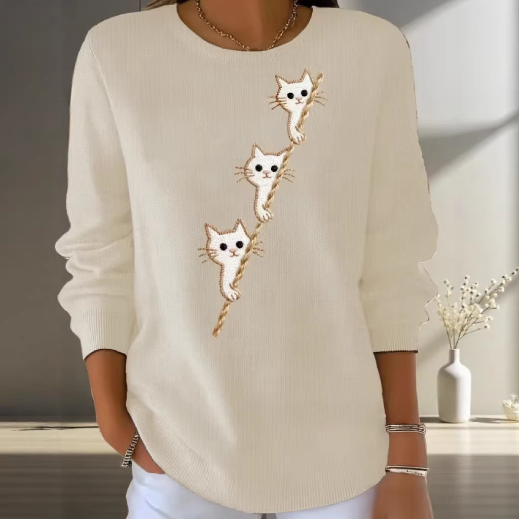 Women's Cat Ladder Print Crewneck Sweatshirt