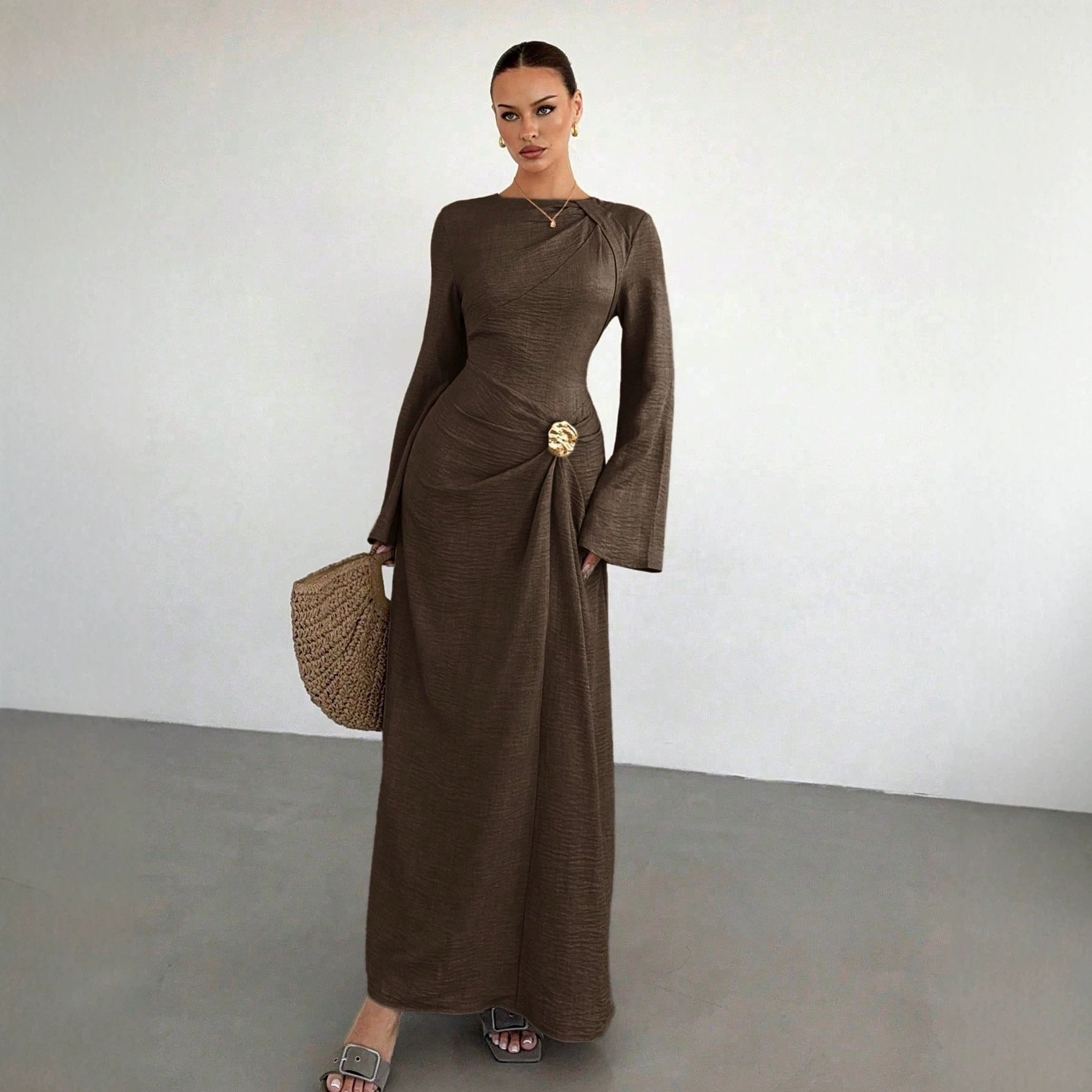 Light Luxury Crewneck Bell Sleeve Pleated Metallic Button Long Dress