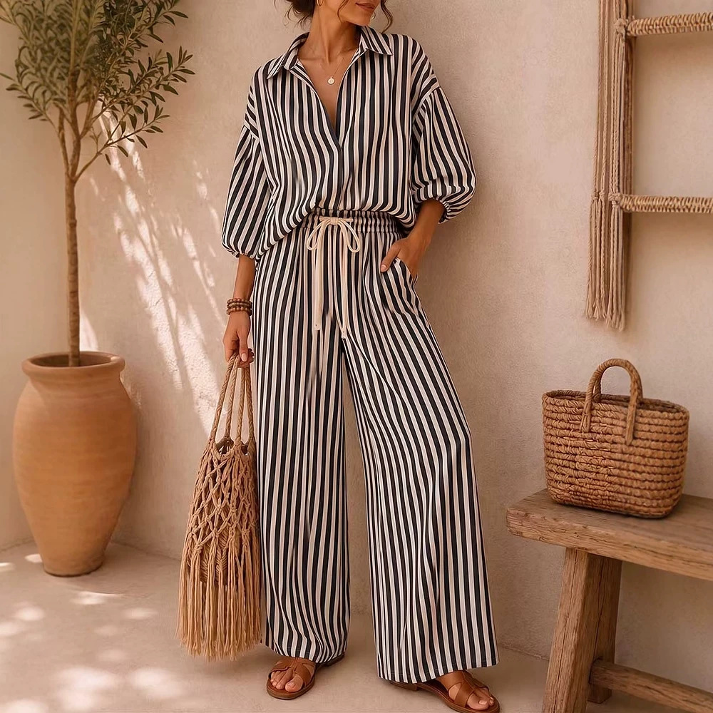 Striped Long Sleeve Shirt and Loose Pants Two-Piece Set
