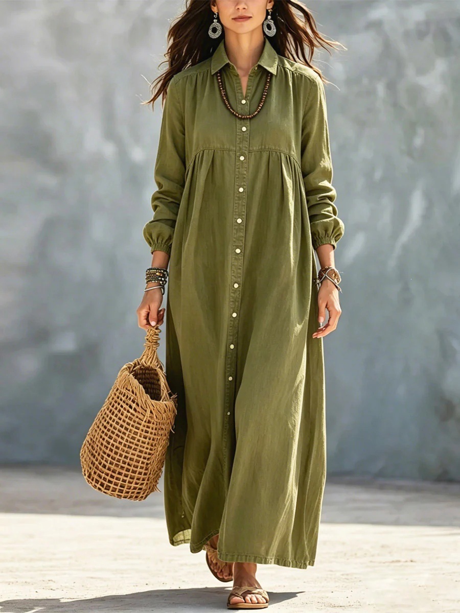 Solid Shirt Dress with Collar and Buttons Long Sleeve Loose Fit Midi