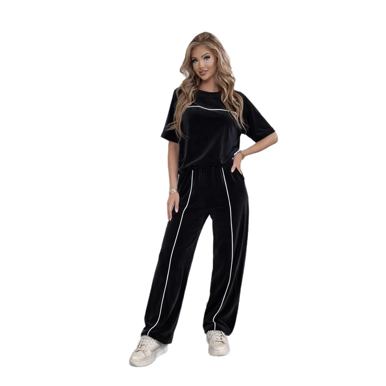 Women's Solid Color Crewneck Short Sleeve Top and Long Pants Two-Piece Set