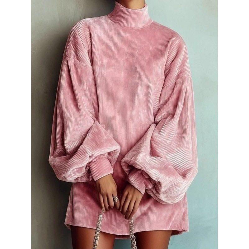 Women's Loose Lantern Sleeve A-Line Dress Corduroy Solid Color