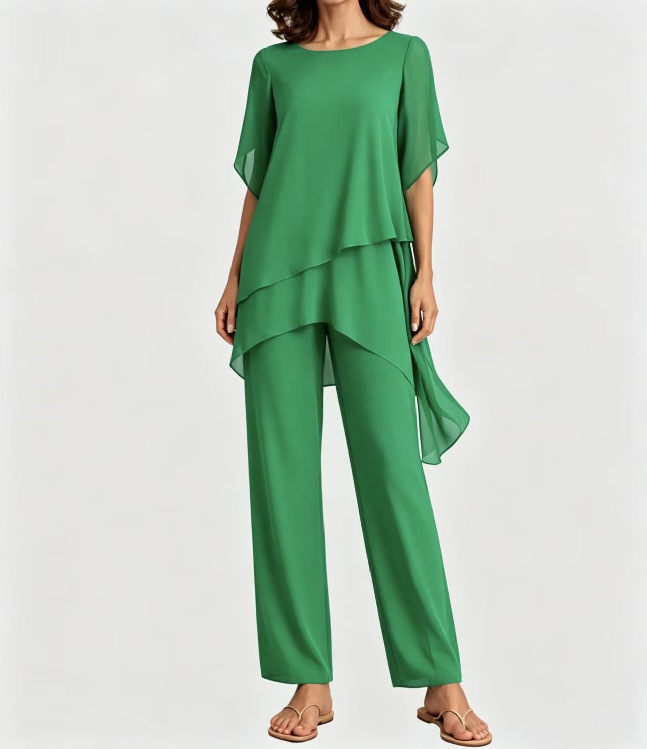 Women's Chiffon Short Sleeve Solid Color Loose Irregular Two-Piece Pant Set