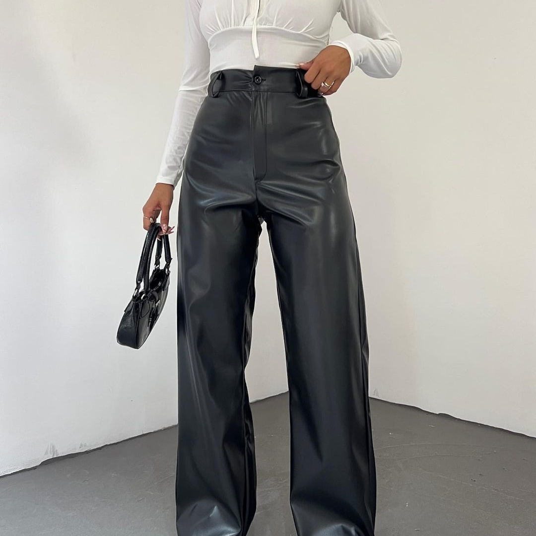 High-Waist Straight-Leg Faux Leather Pants