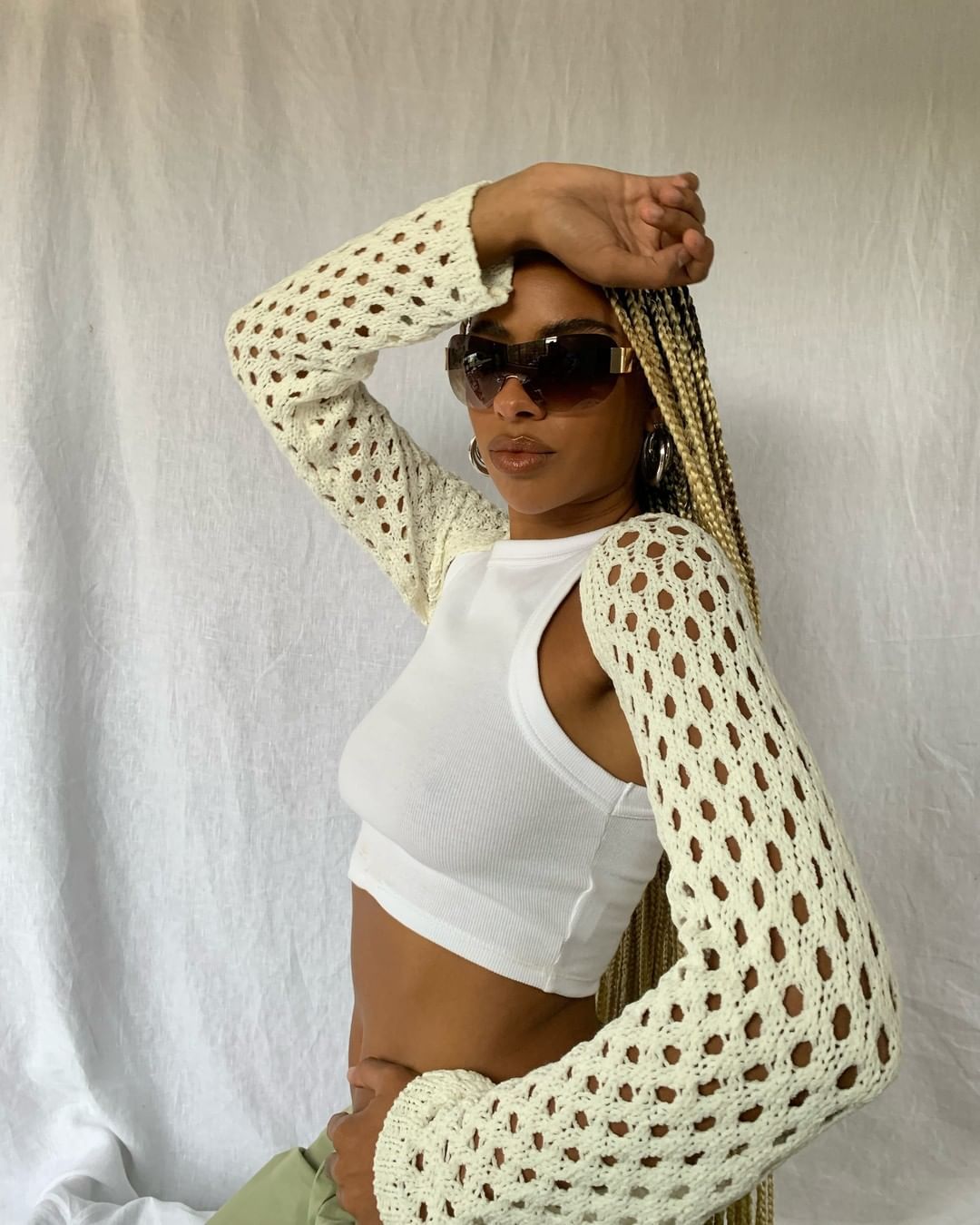 Women's Sheer Open-Knit Crop Top Long Sleeve