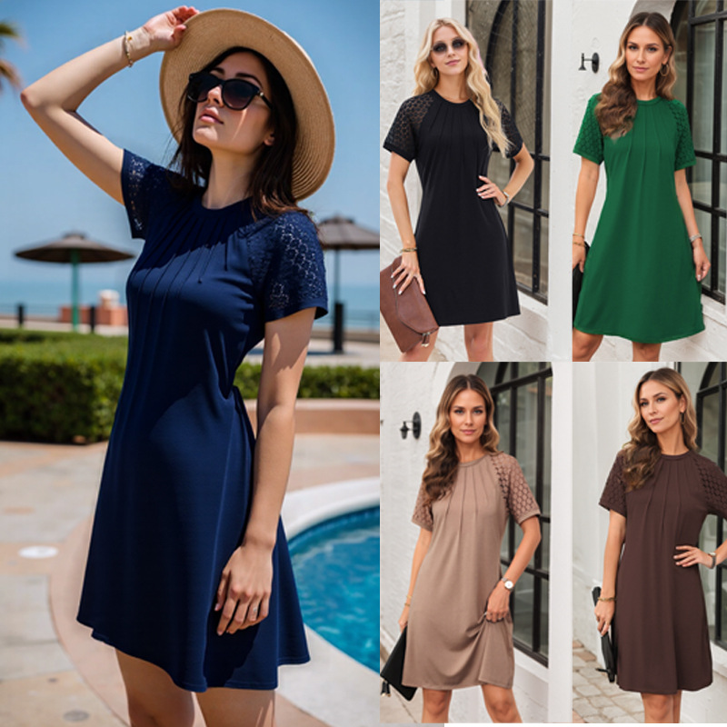 Women's Solid Color Hollow-Out Lace Short Sleeve Round Neck Crinkled Dress