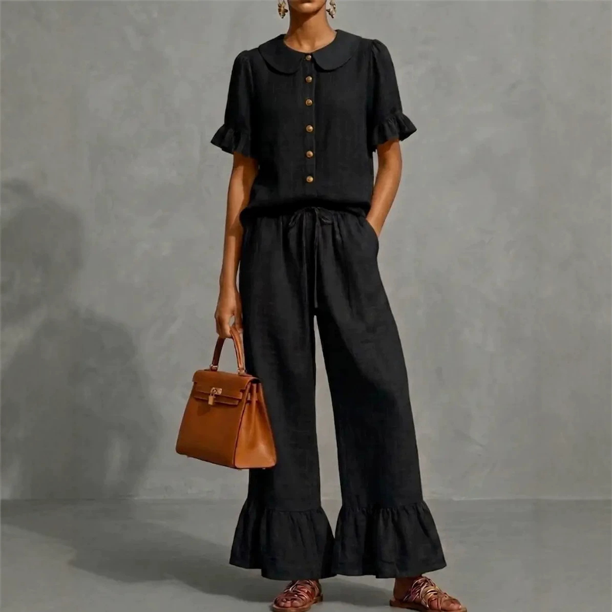 Ruffled Shirt & Wide-Leg Pants Linen Two-Piece Set