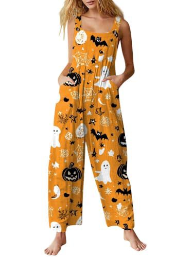 Women's Halloween Pumpkin Cat Print Sleeveless Jumpsuit Casual