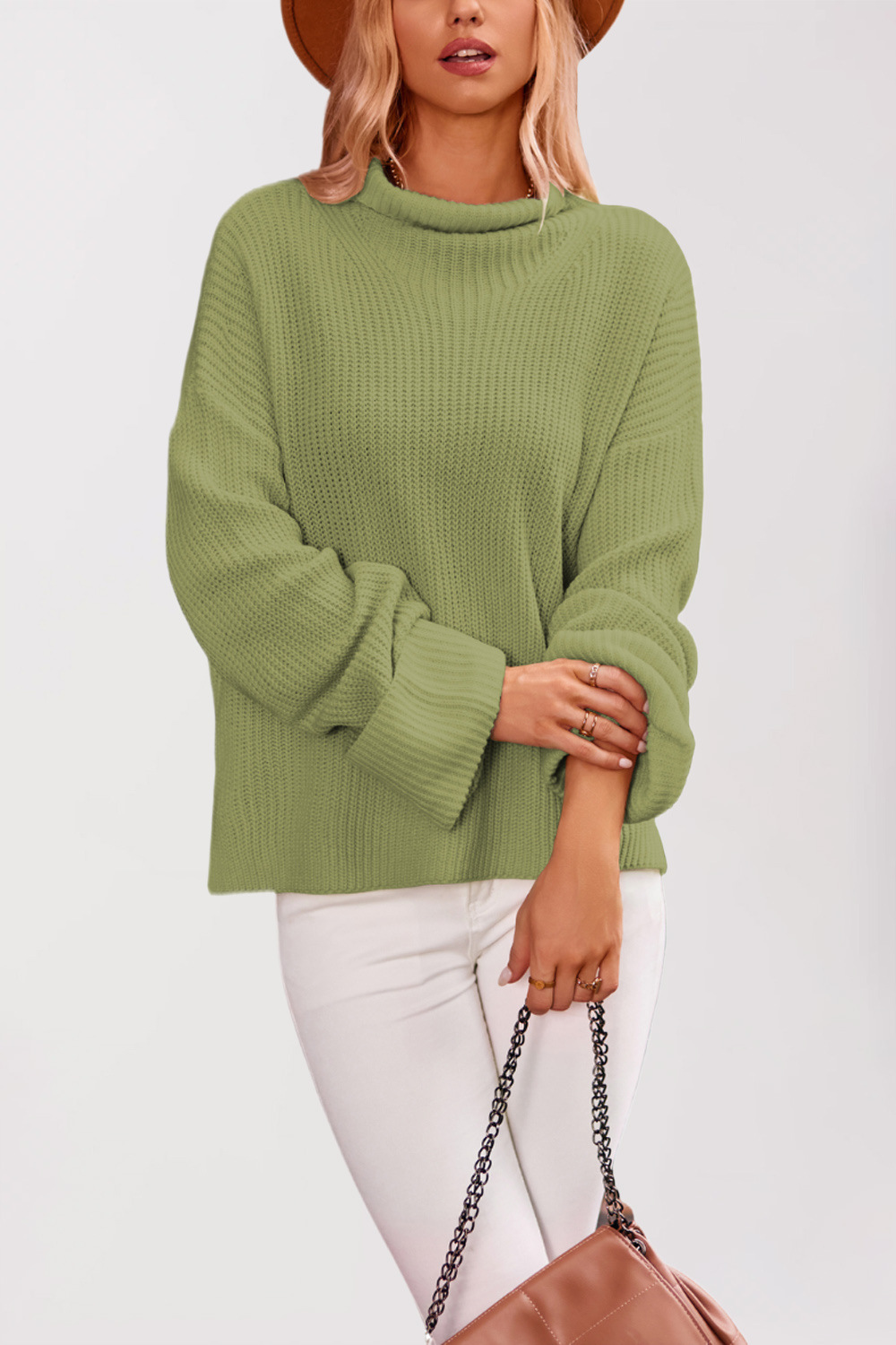 Women's Turtleneck Knit Sweater with Split Hem and Bell Sleeves