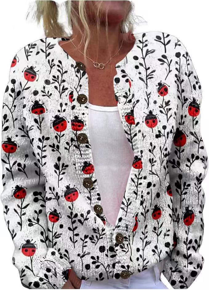 Women's Floral Leopard Snowflake Leaf Print Button Cardigan Sweater