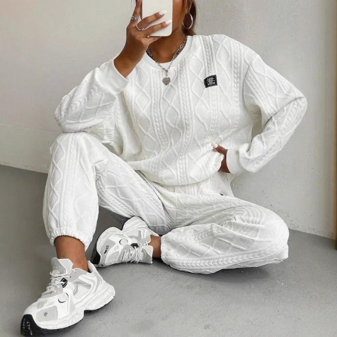 Women's Jacquard Long-Sleeve Crewneck Fleece-Lined Sweatshirt Set