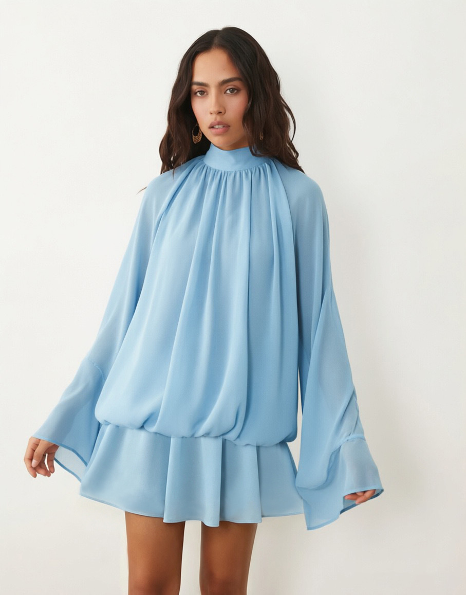 Women's High Neck Puff Hem Open Back Long Sleeve Dress