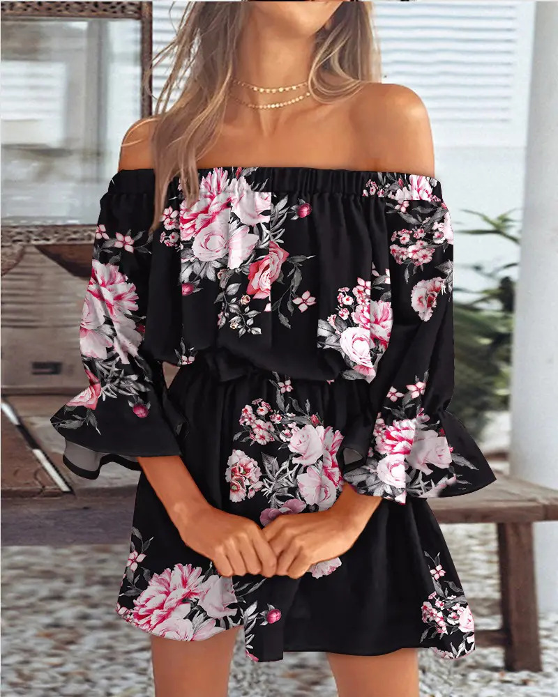 Women's Off-Shoulder Floral Print Dress Short Sleeve A-Line