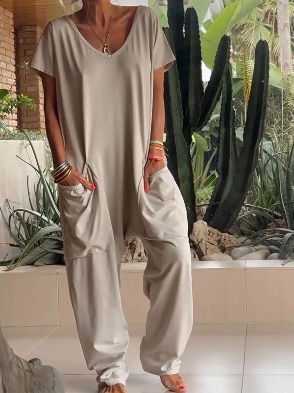 Women's Solid Color V-Neck Short Sleeve Jumpsuit with Pockets