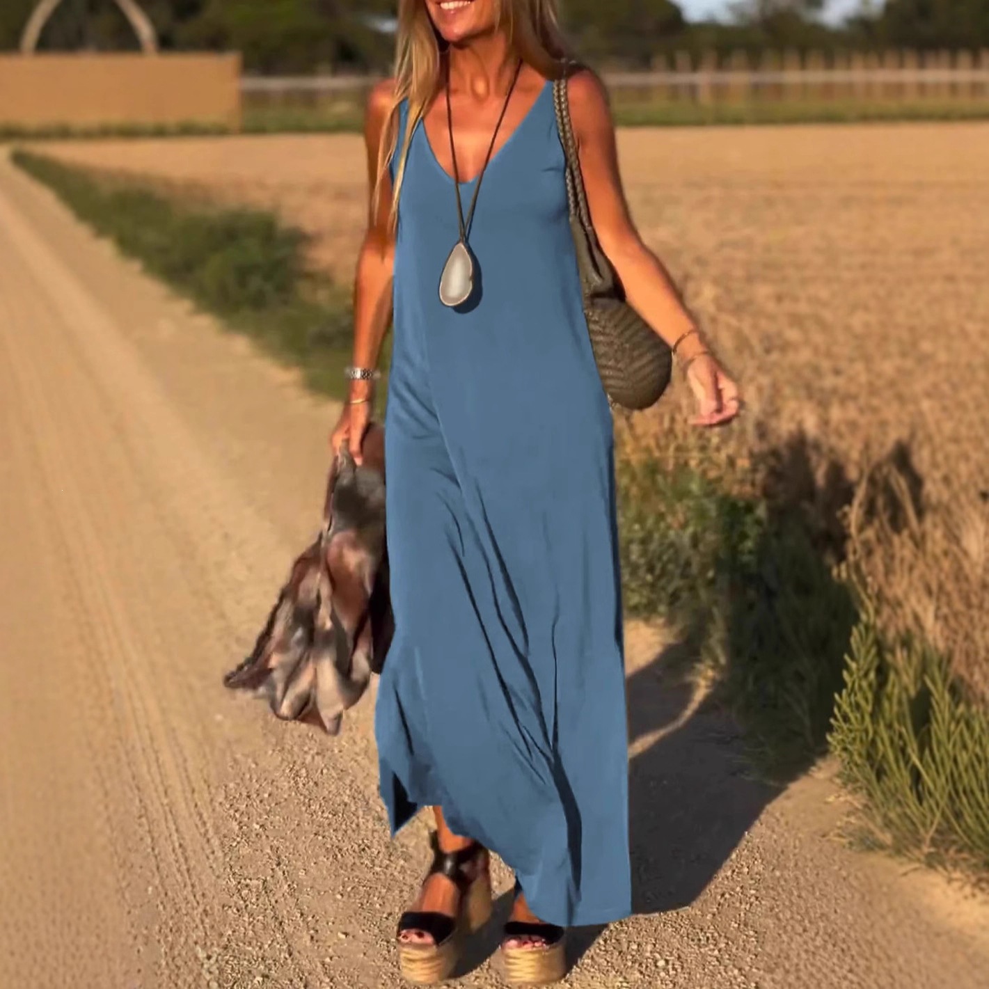 V-Neck Sleeveless Knit Maxi Dress Casual Slim Fit