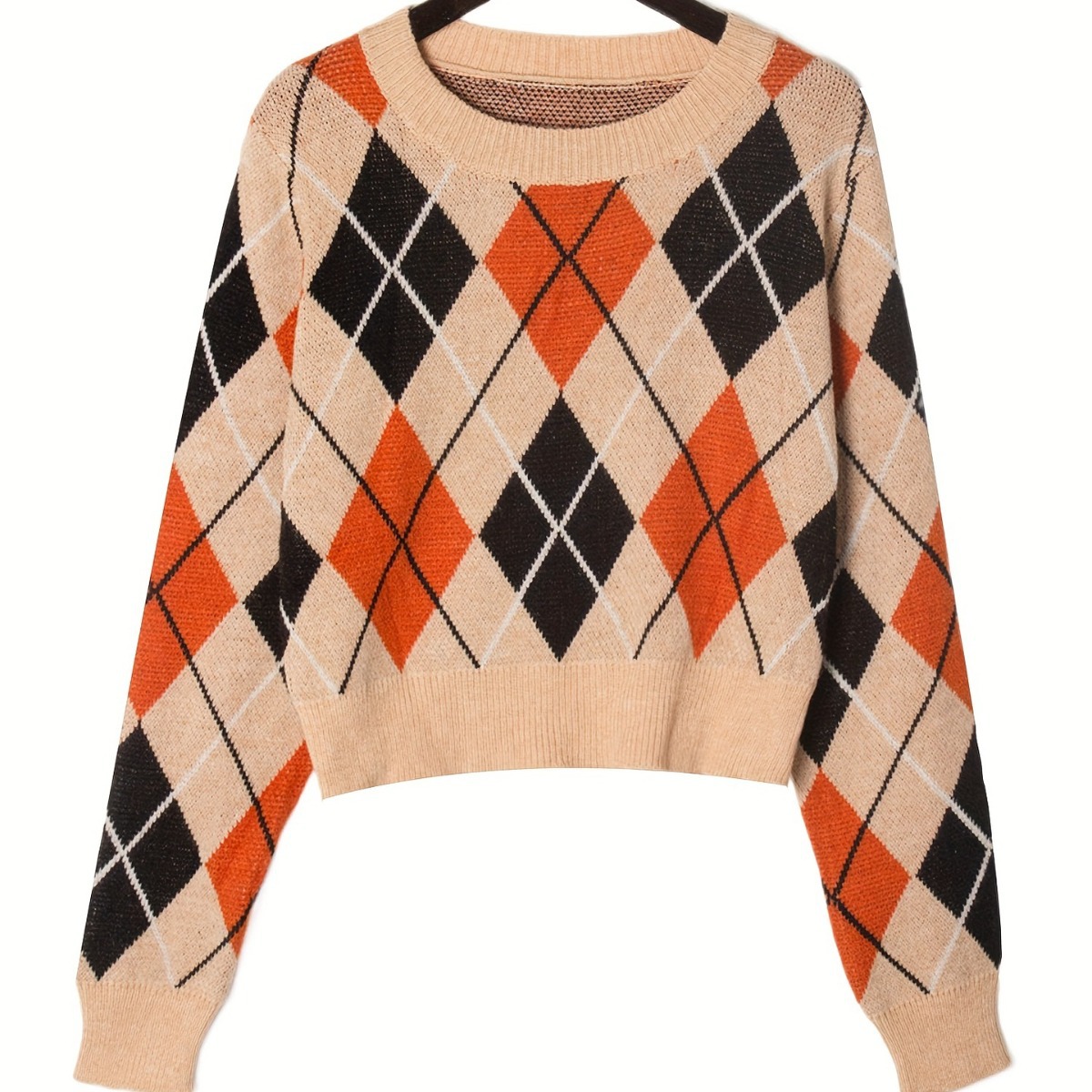 Women's Cropped Argyle Knit Sweater Long Sleeve Crewneck Pullover