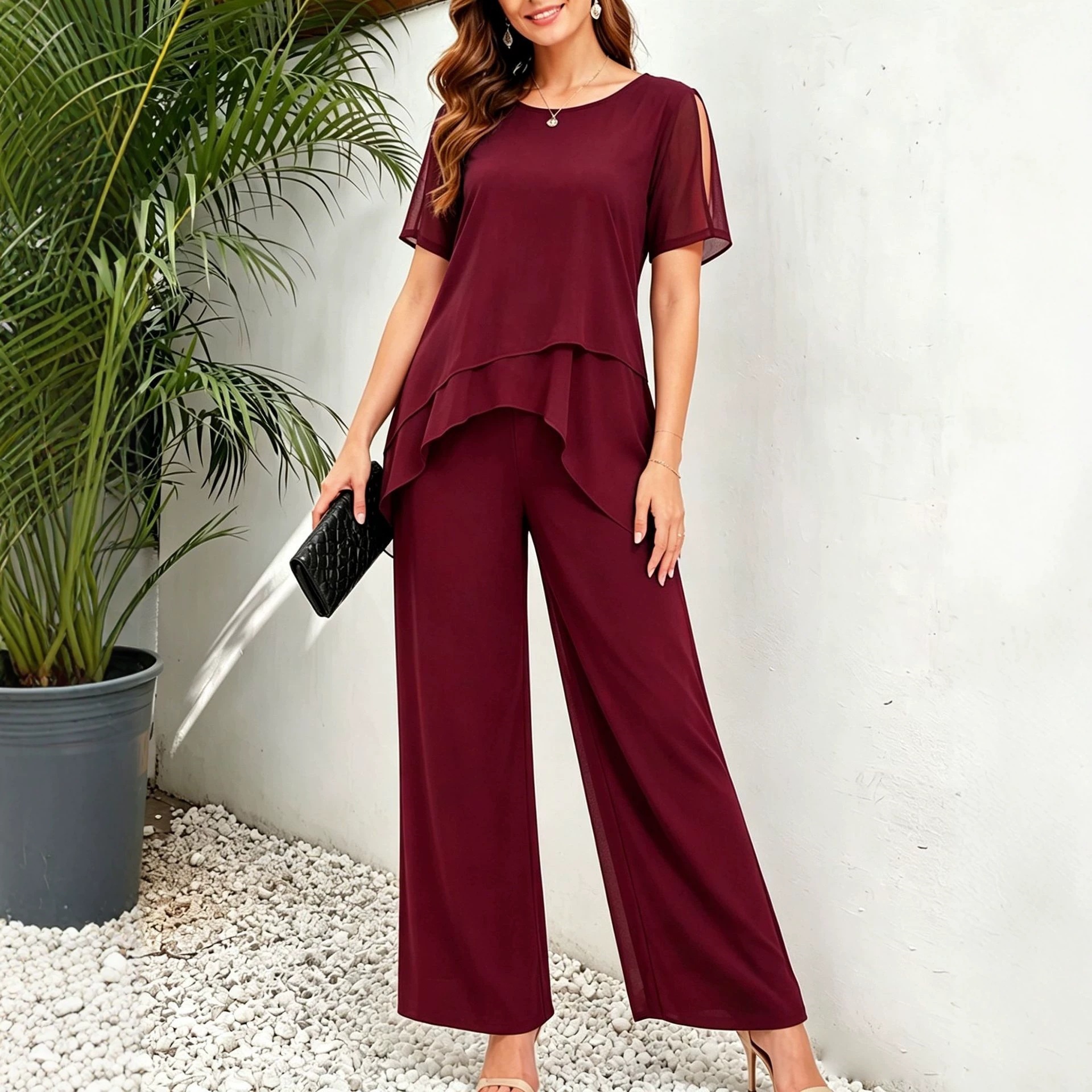 Women's Chiffon Asymmetric Top & Wide-Leg Pants Two-Piece Set
