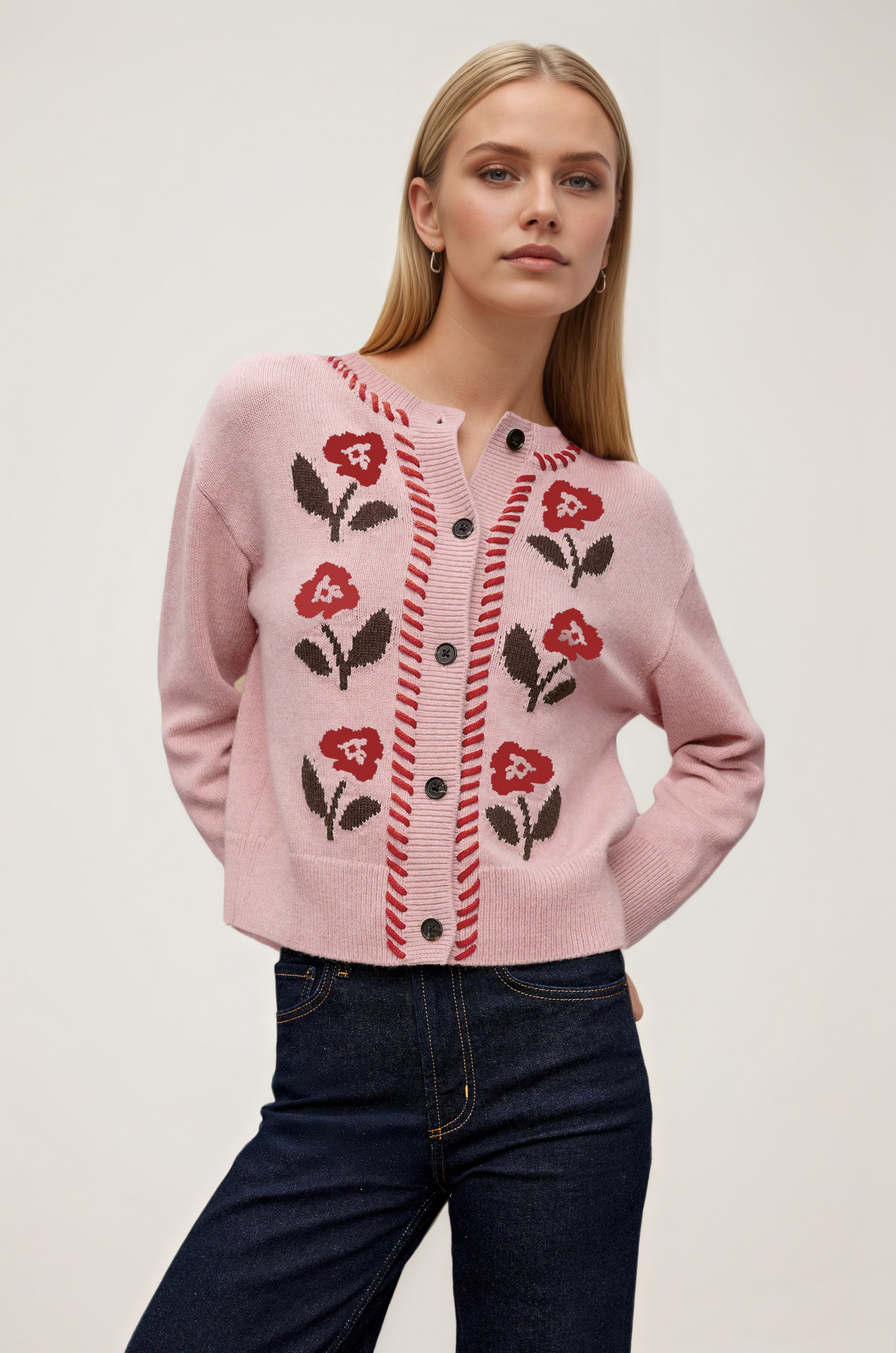 Floral Jacquard Knit Cardigan Women Round Neck Button Long Sleeve