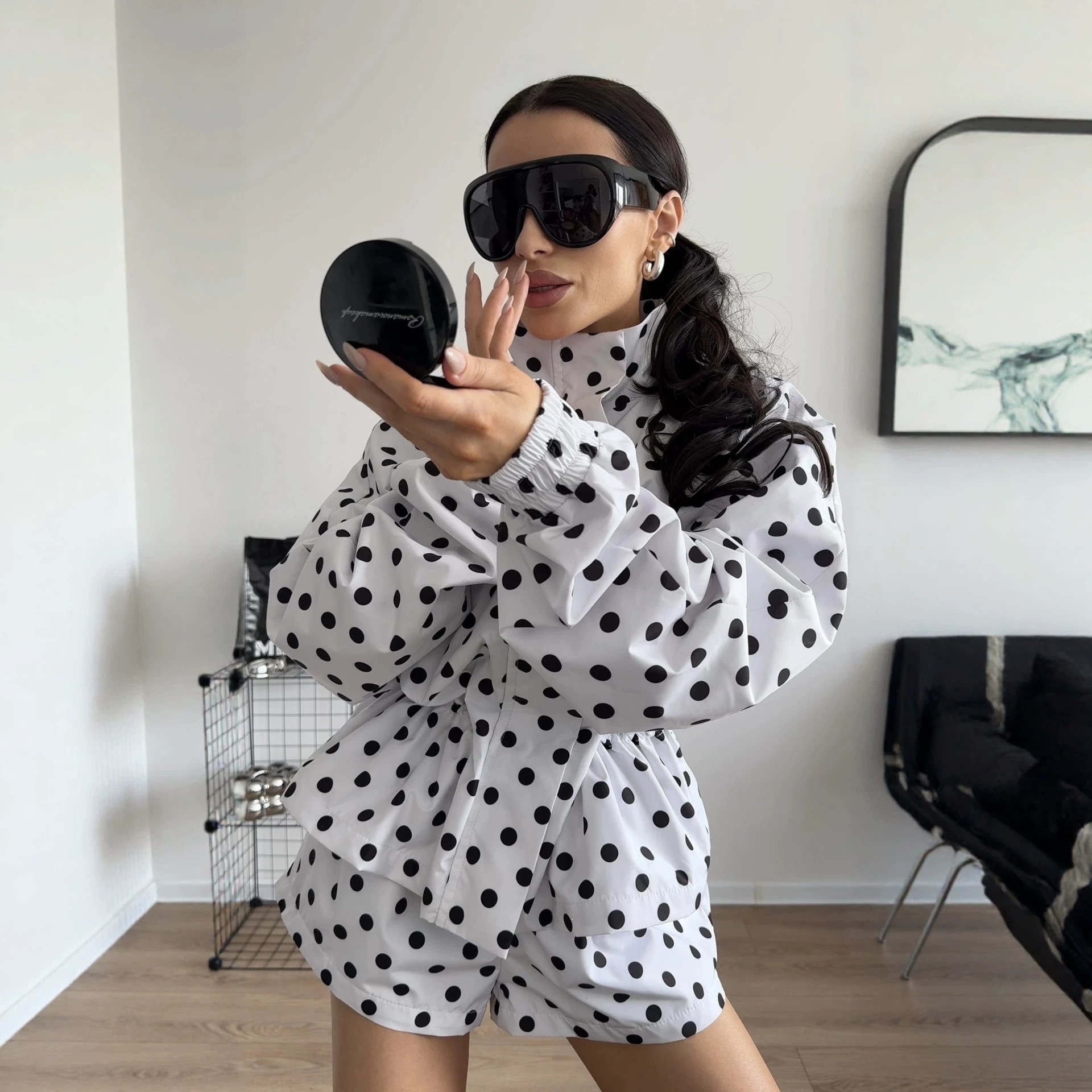 Polka Dot Long-Sleeve Jacket and High-Waist Shorts Set