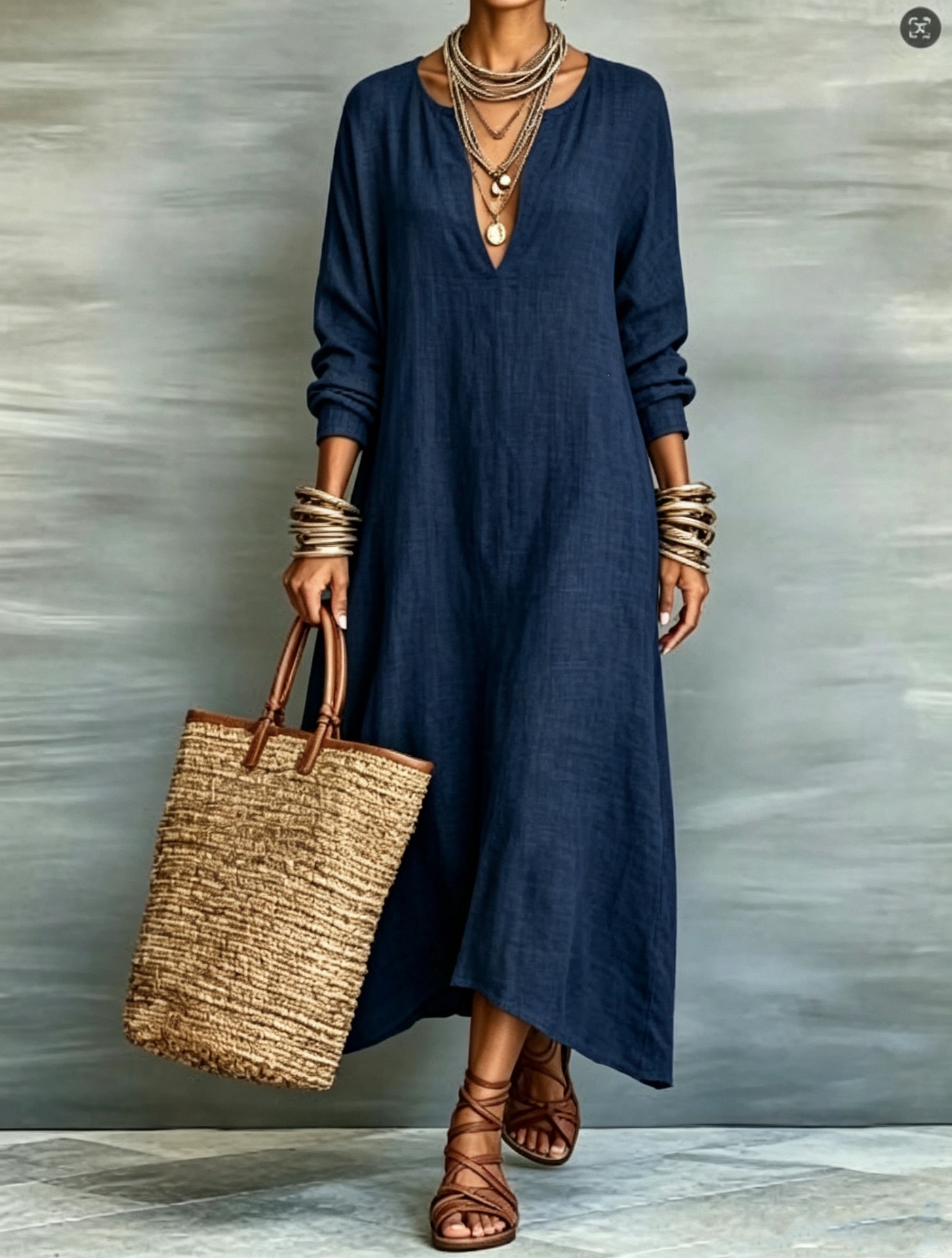 Retro Solid Deep V-Neck Long Sleeve Loose Maxi Dress