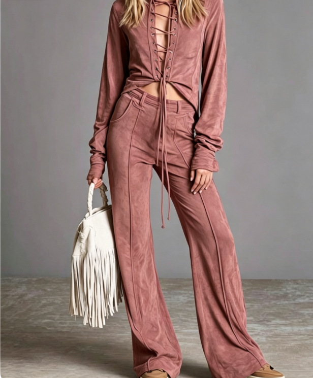 Women's Western Style Suede Cardigan and Pants Set