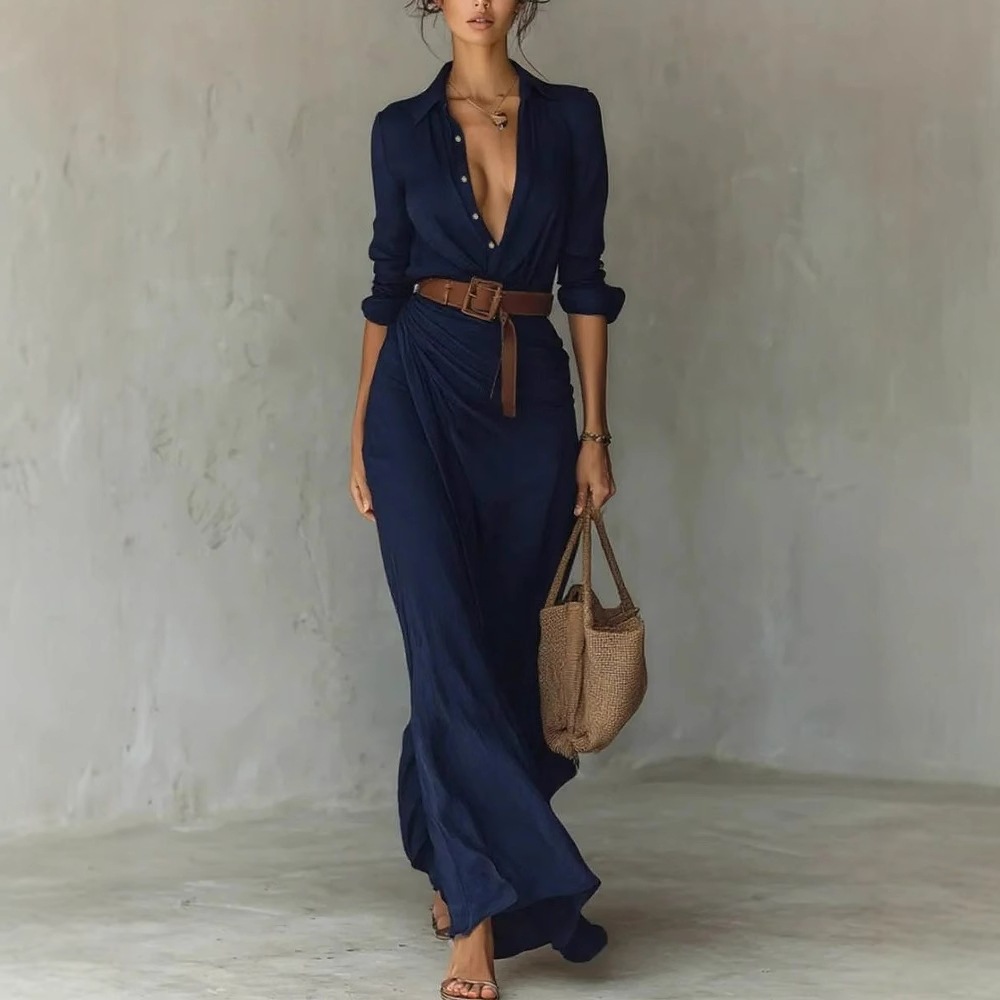 Elegant Solid Color Asymmetric Pleated Dress with Belt